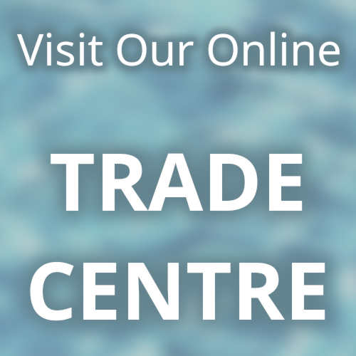 Text promoting an online trade center with a blurred blue background.