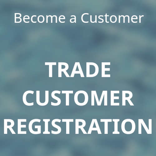 Image promoting customer registration with the text 'Become a Customer', 'TRADE CUSTOMER REGISTRATION' on a blurred background.